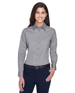 Harriton M500W - Ladies Easy Blend Long-Sleeve Twill Shirt with Stain-Release Dark Grey